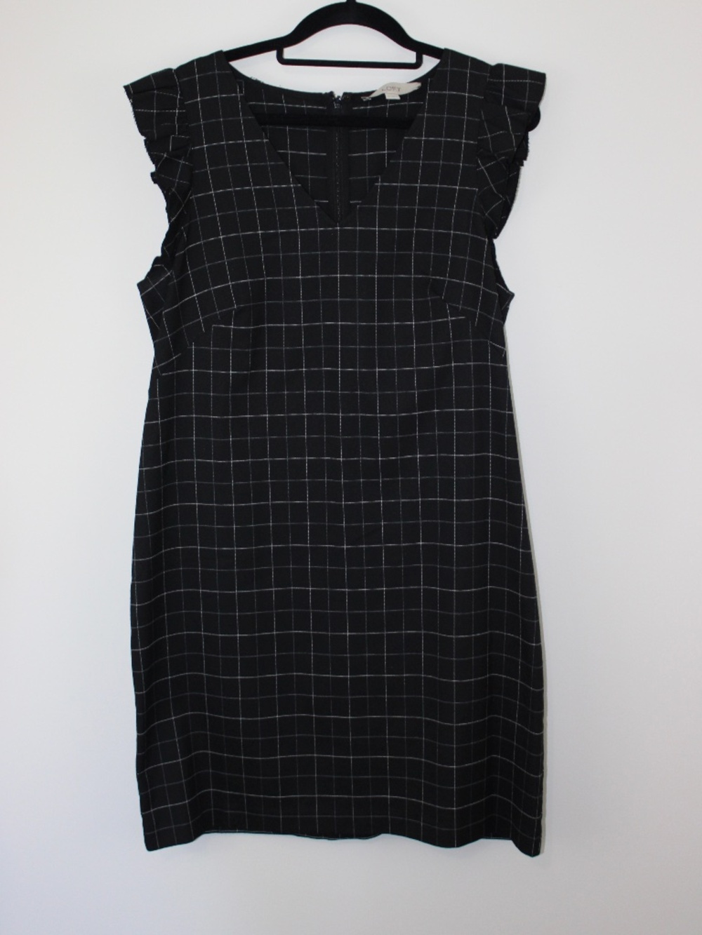 Loft Black Windowpane Plaid Ruffle Sleeve Shift Dress Size 10